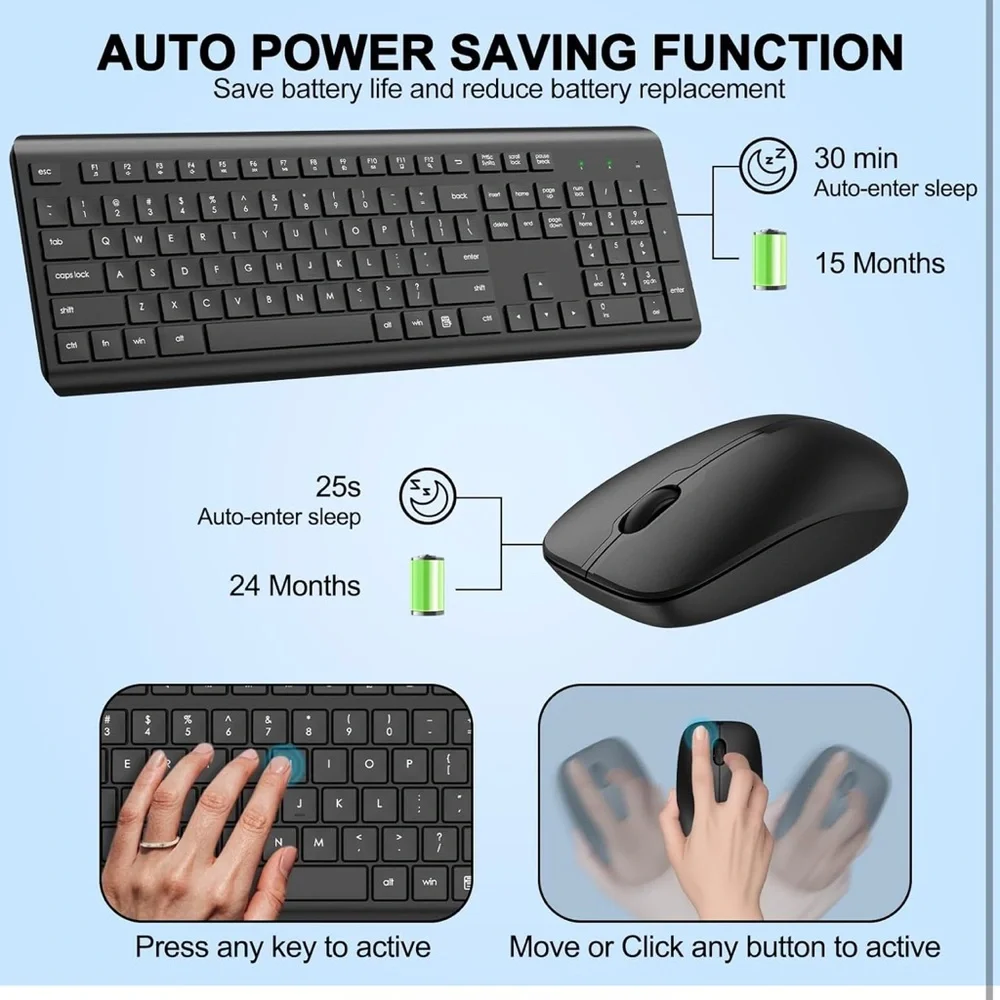 Wireless Keyboard and Mouse Combo, Full Size Silent Ergonomic Keyboard and Mouse